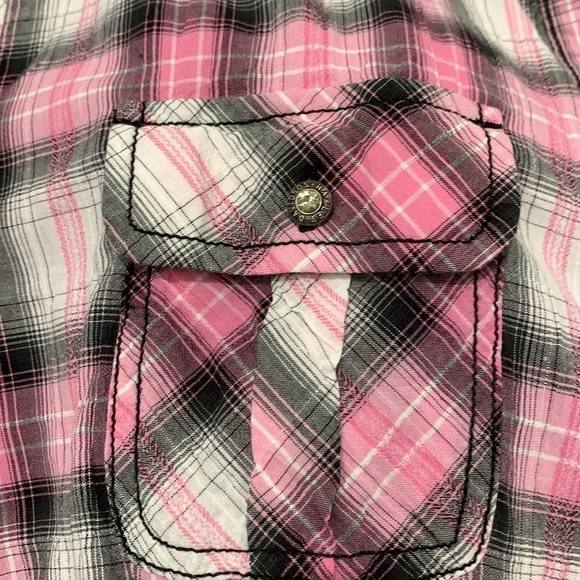 Harley Davidson Button-Down Plaid Shirt Button/Cuffed Sleeves Pink/Black/White - Picture 3 of 14